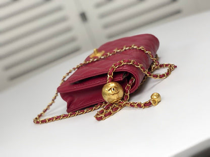WALLET ON CHAIN Grained Shiny Calfskin & Gold-Tone Metal Dark Burgundy