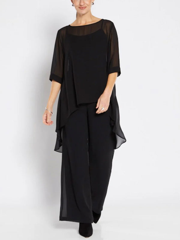 Round Neck Chiffon Top And Trousers Suit
