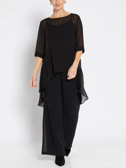 Round Neck Chiffon Top And Trousers Suit
