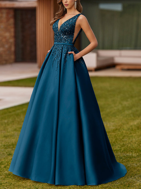 V-neck Sequin Solid Color Maxi Dress