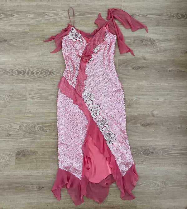 Pink Gorgeous Shiny Long Elegant Ruffle Sequin Ball Gown Evening Dress Party Dress gh3258