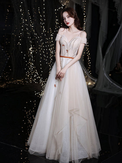 Champagne sweetheart tulle long prom dress, champagne evening dress