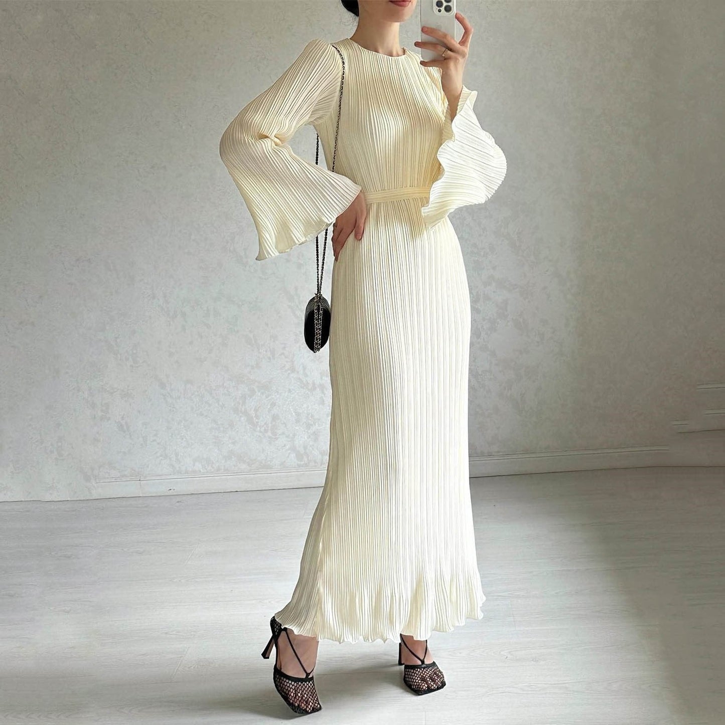 loveedsTM-Pleated Bell Sleeve Maxi Dress