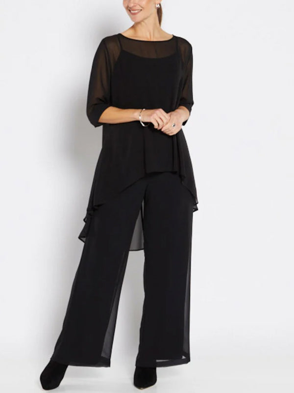 Round Neck Chiffon Top And Trousers Suit