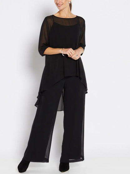 Round Neck Chiffon Top And Trousers Suit