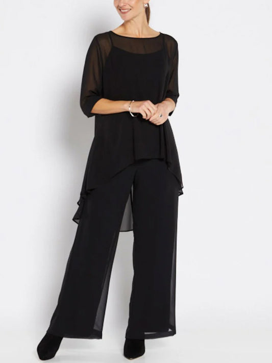 Round Neck Chiffon Top And Trousers Suit