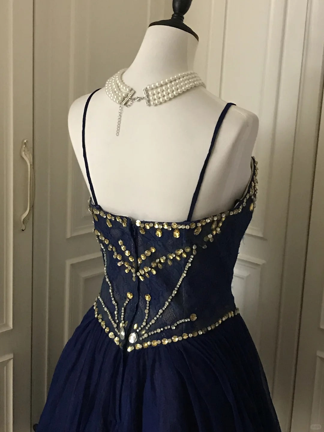 __Dark blue shiny retro princess short homecoming dress beaded tulle ball gown evening dress gh4393