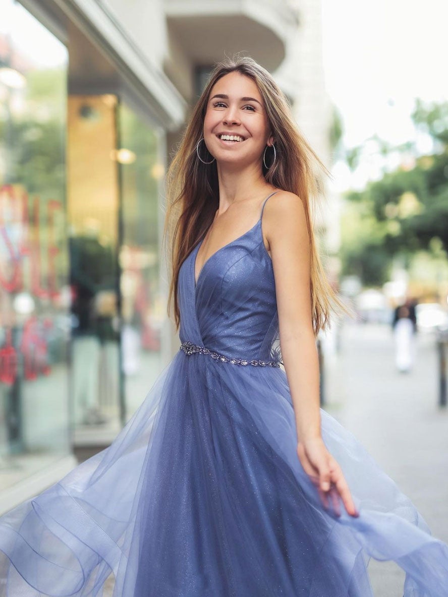 Blue v neck tulle long prom dress, blue tulle evening dress