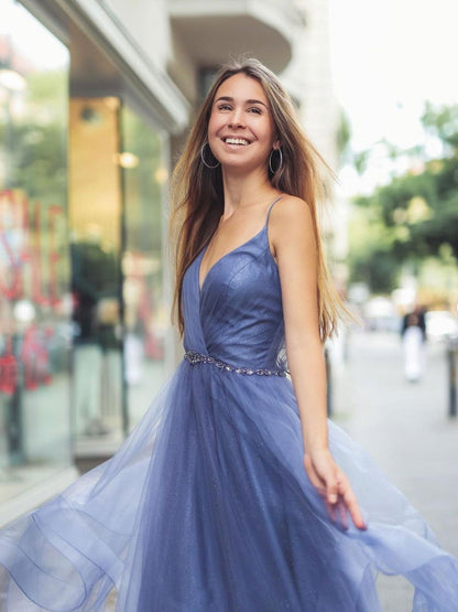 Blue v neck tulle long prom dress, blue tulle evening dress