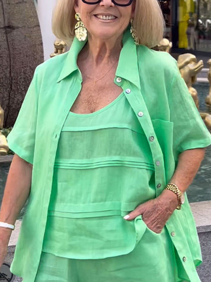 Temperament Cotton Linen Shirt Short Sleeve Wide Leg Pants Women's Sets