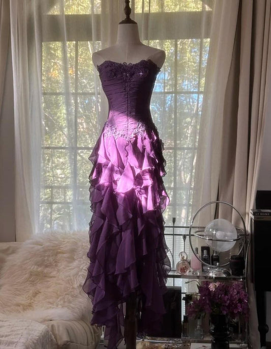 Purple Sheath Strapless Appliques Tiered Chiffon Long Prom Dress Evening Dress SH2505