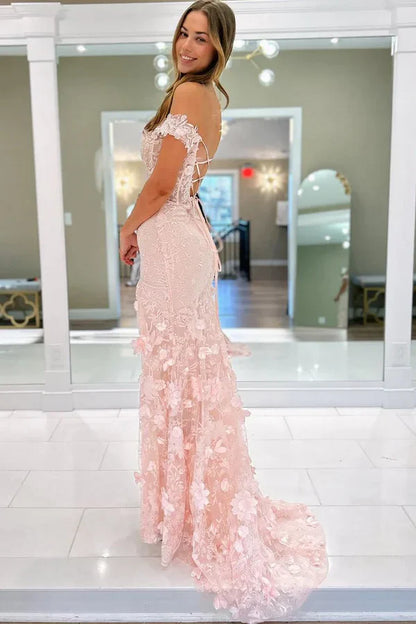 Pretty Light Pink Off the Shoulder Lace Appliques Mermaid Long Prom Dresses Graduation Dress DP518