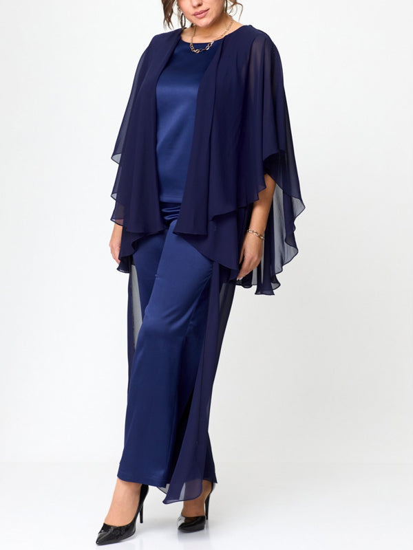 Round Neck Solid Color Chiffon Top And Trousers Suit