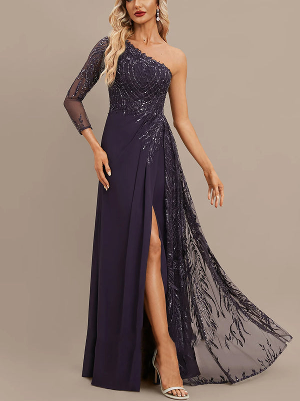 Sheath/Column One Shoulder Floor-Length Lace Chiffon Sequin Evening Dress