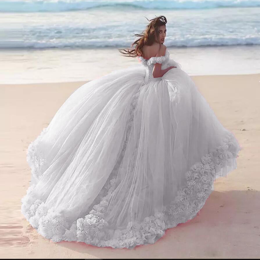 Romantic Poofy Pink Floral Wedding Dresses Off the Shoulder Ball Gown Quinceanera Dress SA933