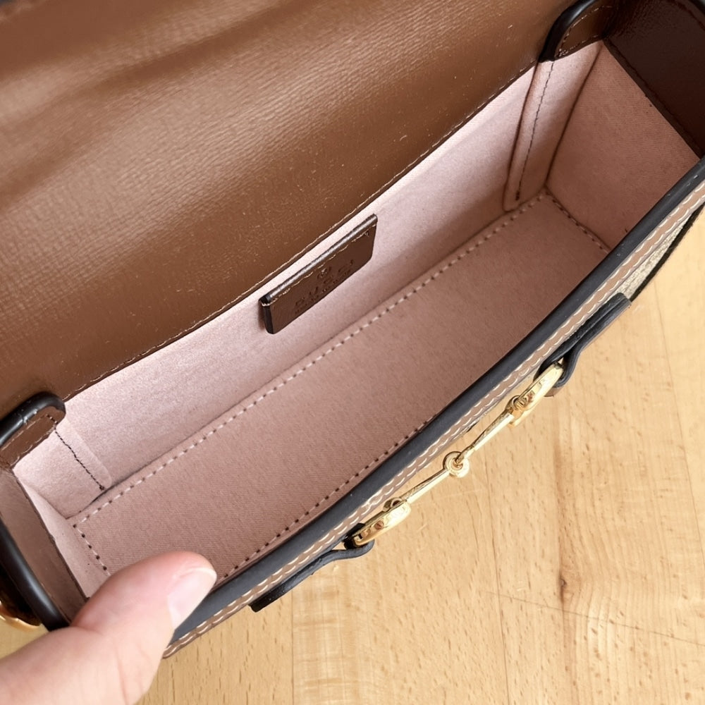 GUCCI HORSEBIT 1955 MINI BAG ‎BEIGE AND DARK BROWN GG SUPREME 18CM ‎699296 92TCG 8563