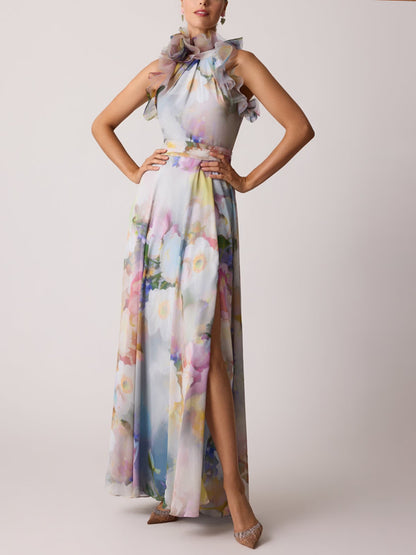 Chiffon Watercolor Organza Halter Gown