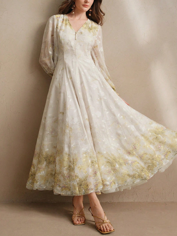 Women's V Neck Elegant Floral Print Long Sleeve Dress