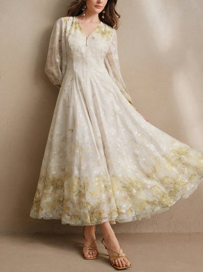 Women's V Neck Elegant Floral Print Long Sleeve Dress