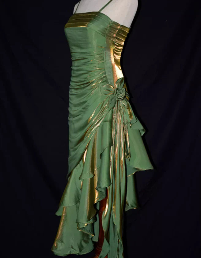 Blue shiny stylish elegant spaghetti straps long satin ball gown evening dress party dress gh3489