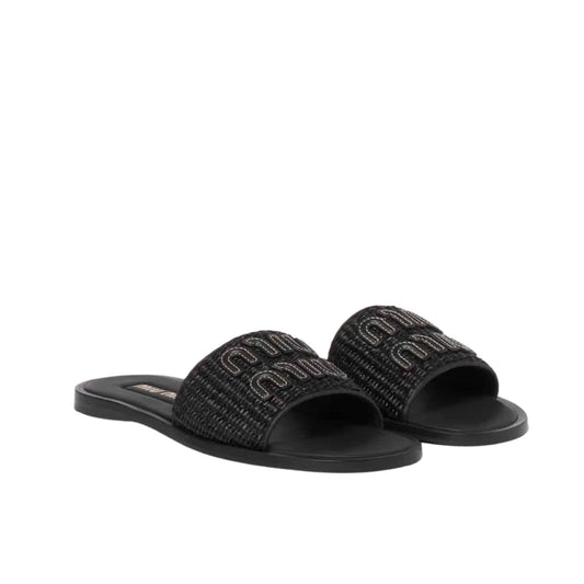 MIUMIU RAFFIA EFFECT WOVEN FABRIC SLIDES BLACK 5XX644 3LOM F0002 F 005