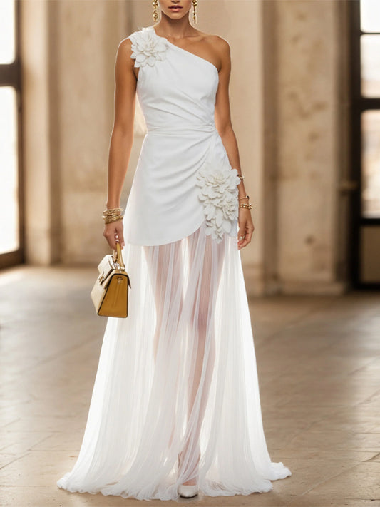 White 3D Floral Ruched Classic One Shoulder Sleeveless A-Line Maxi Dress