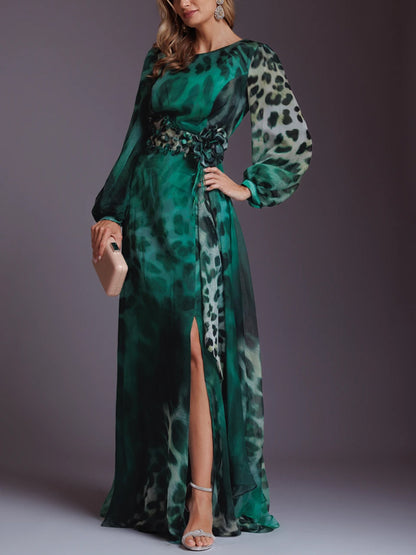 Round Neck Long Sleeves Leopard Print Maxi Dress
