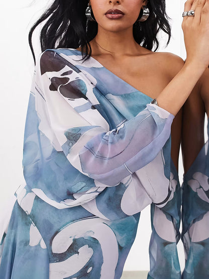 Plunging Bardot Neckline With Wave Print Women's Dress