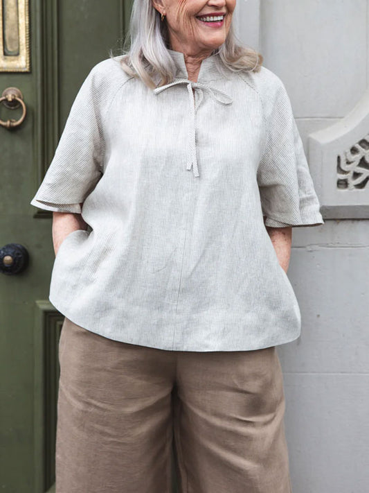 Lace-up Cotton and Linen Stripes Short Sleeves