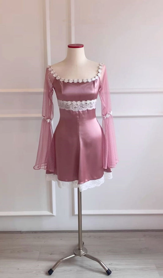 Dark Pink Vintage Lace Sweet Short Satin 8th Grade Homecoming Dress Party Dress gh4891
