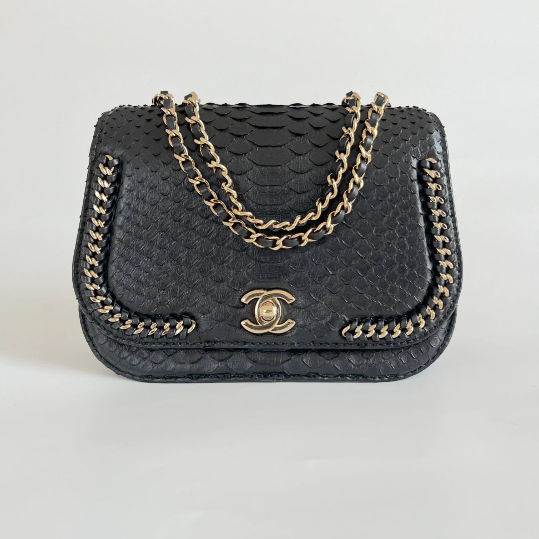 Chanel black braided chic flap bag in python