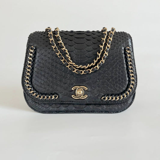 Chanel black braided chic flap bag in python