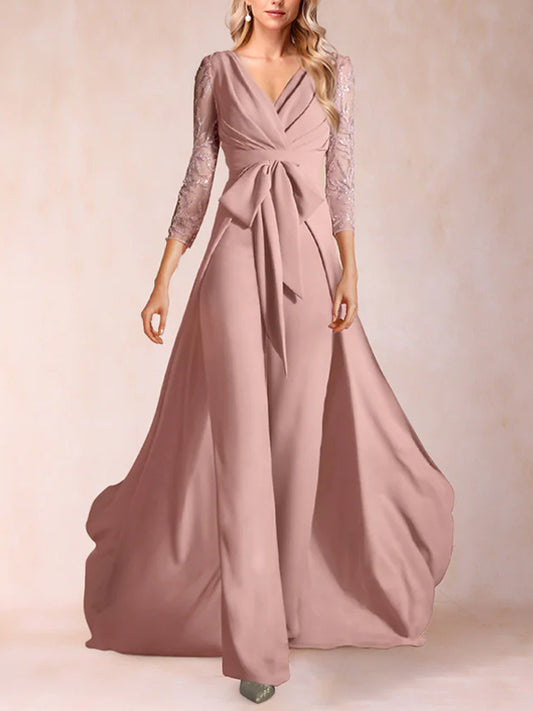 Chiffon V-Neck 3/4 Sleeves Floor-Length Ruched Mother of the Bride Pantsuits with Appliques