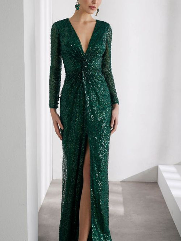 V-neck Sequin Solid Color Maxi Dress