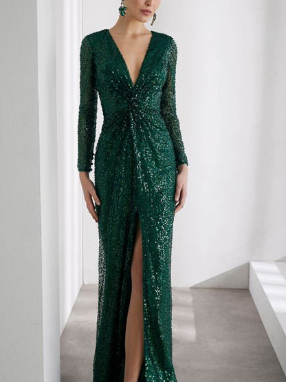 V-neck Sequin Solid Color Maxi Dress