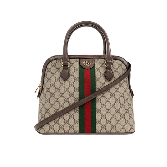 GUCCI OPHIDIA GG LOGO MEDIUM TOP HANDLE BAG BEIGE AND BROWN 34CM