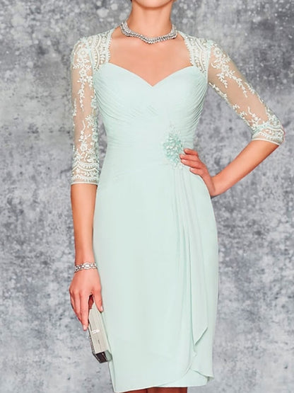 nee Length Chiffon Lace 3/4 Sleeve Wrap Dress