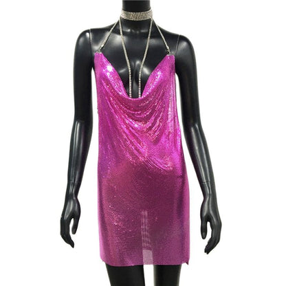 loveedsTM-Sexy Gold Sequined Patchwork Mini Dress Women Sleeveless Low Cut Metal Chains Halter Slim Charming Nightclub Party Dresses