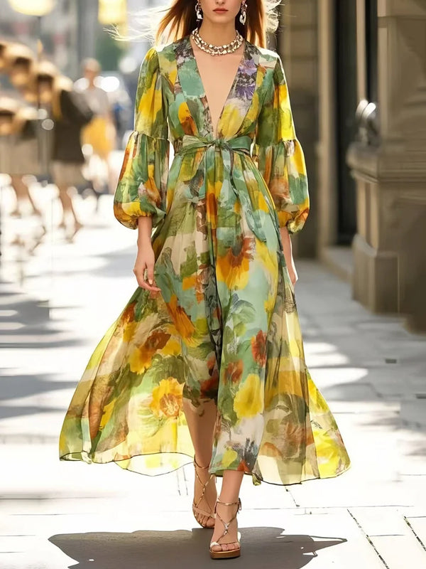 V-neck Chiffon Print Maxi Dress