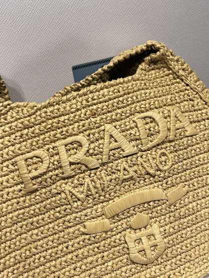 Prada Raffia Round Tote - 30x24x4.5cm