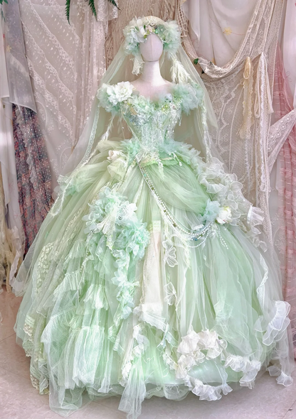 Exquisite Light Green Floral A Line Beaded Tulle Prom Dress Party Dress SH3499