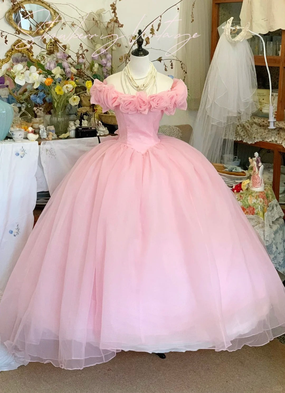 Pink Floral Long Tulle Ball Gown Evening Dress Quinceanera Dresses Wedding Dress gh4582