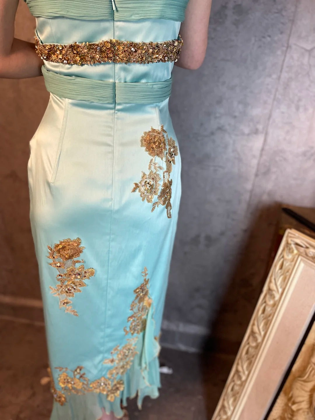Mint blue vintage beaded lace embroidery beautiful macarons gold embroidered flowers romantic ball gown evening dress party dress gh4803