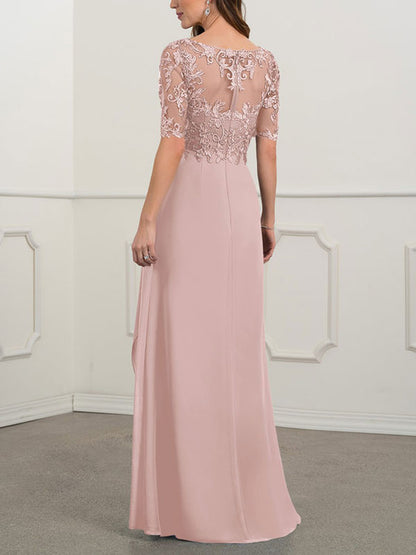 Floor-to-ceiling chiffon lace back zip bridal mom dress