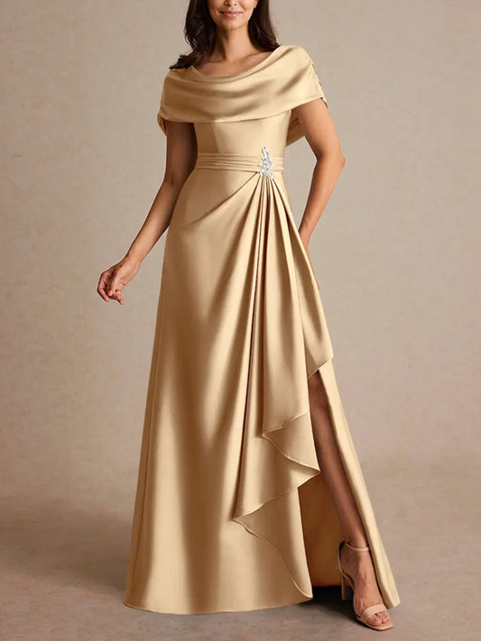 Champagne A-Line Pleated Stretch Satin Dress
