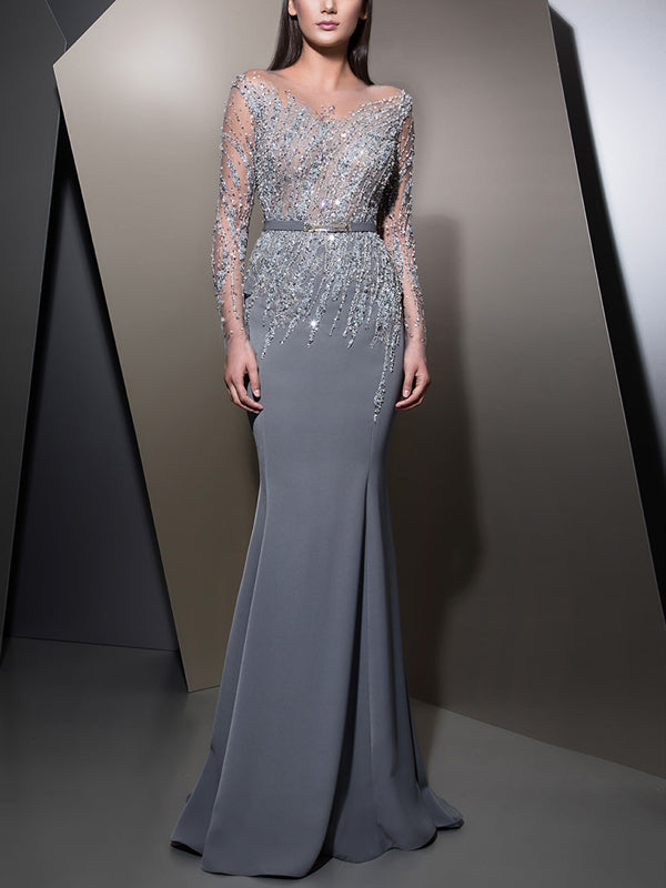 V-Neck Lace Sequin Solid Color Maxi Dress