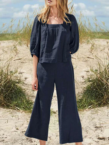 Square Neck Casual Cotton Linen Women's Suits