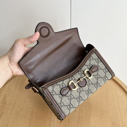 GUCCI HORSEBIT 1955 MINI BAG ‎BEIGE AND DARK BROWN GG SUPREME 18CM ‎699296 92TCG 8563