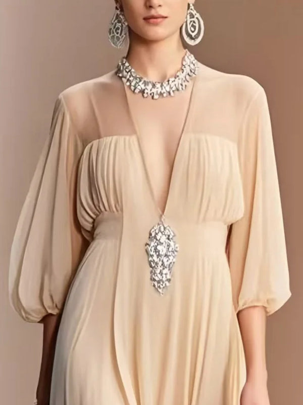 Apricot Print Draping Chiffon Dresses Bracelet Sleeve