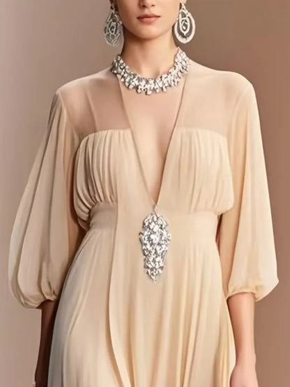 Apricot Print Draping Chiffon Dresses Bracelet Sleeve